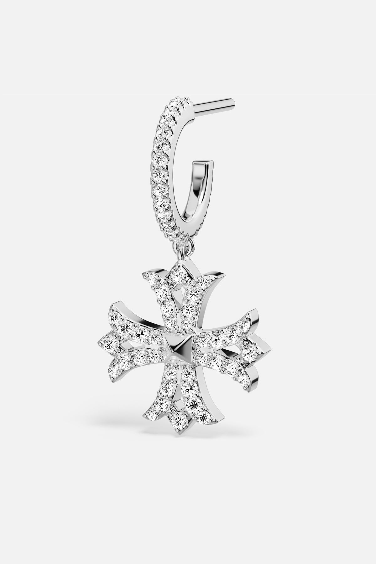 Boucle d'oreille APM, une croix scintillante suspendue avec grâce et éclat contemporain.
