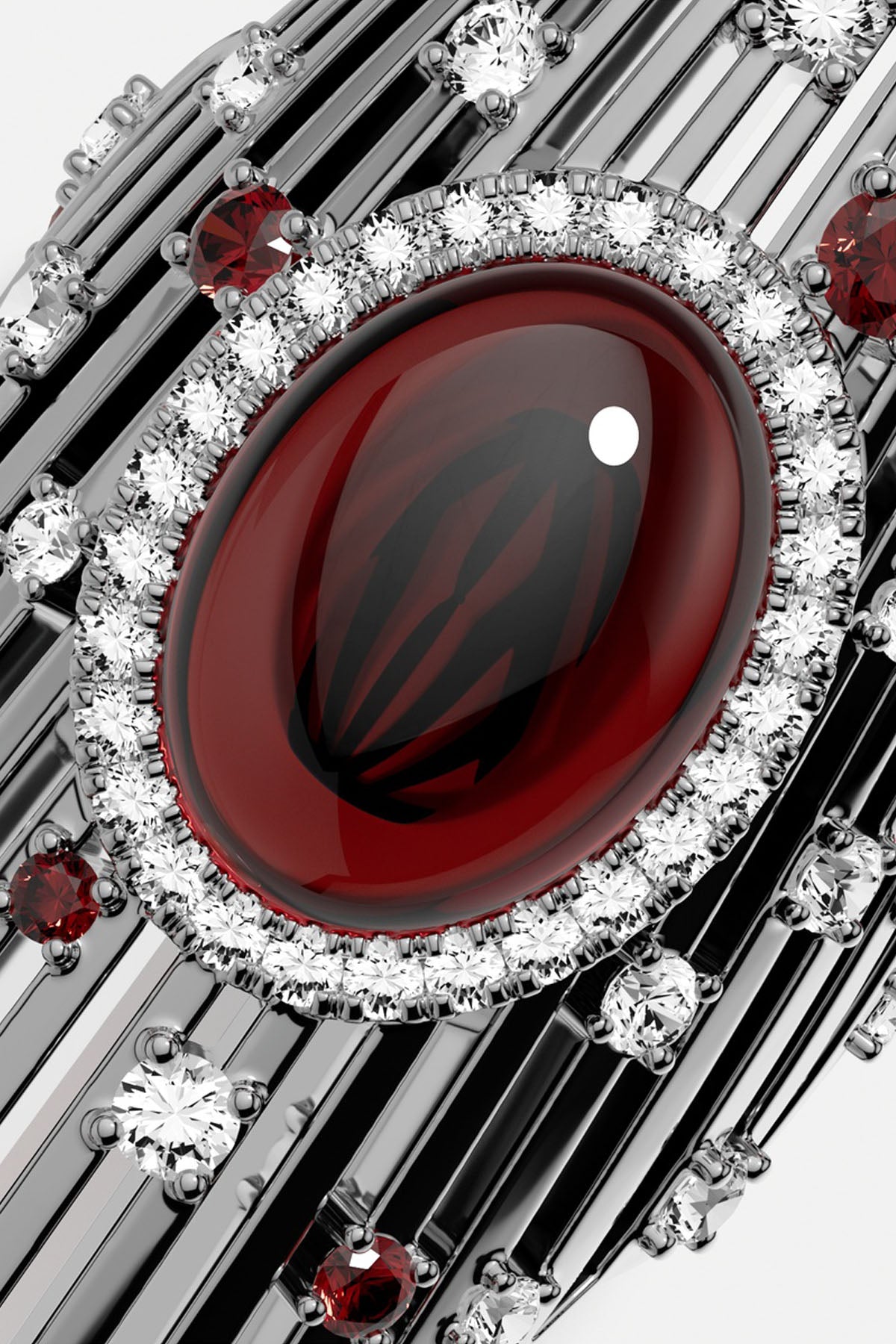 Bague APM, cabochon rouge profond et éclats scintillants, une allure précieuse et audacieuse.