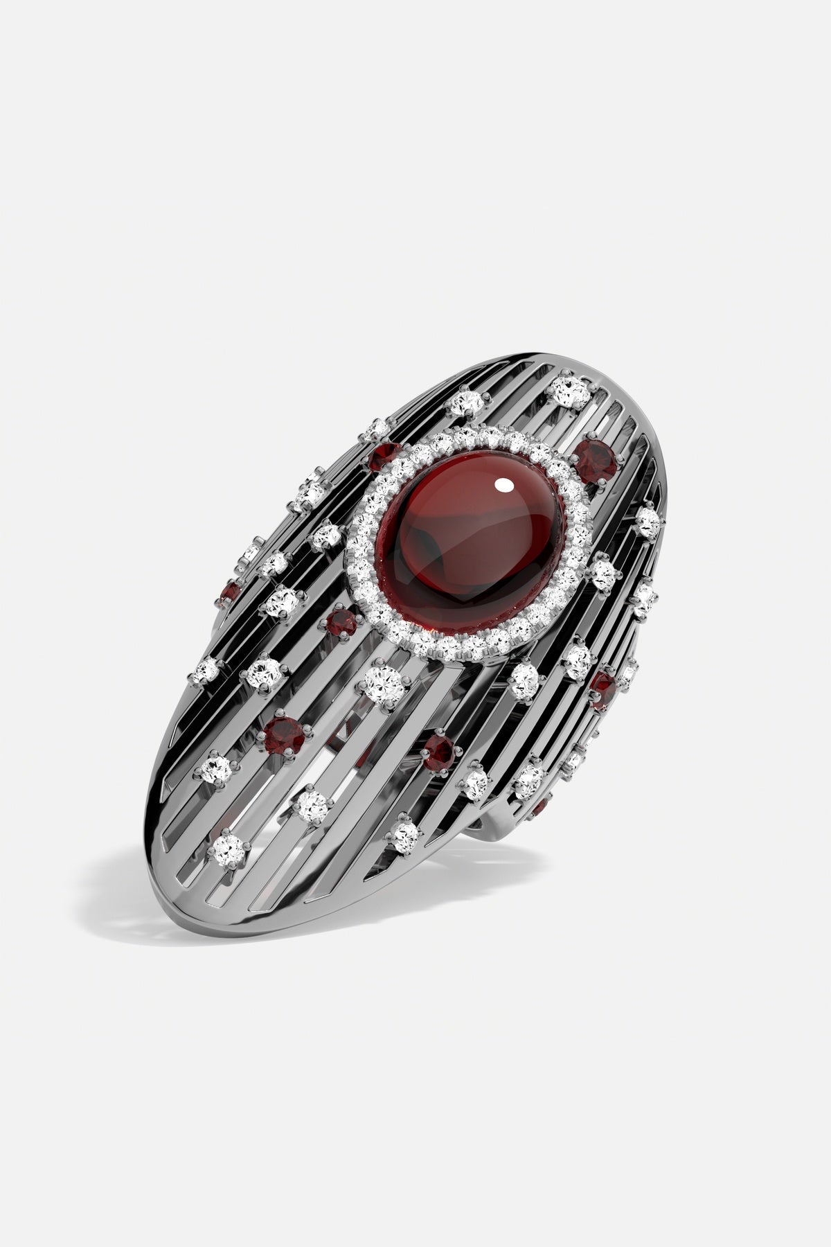 Bague APM, cabochon rouge intense sur finition rhodium, une allure audacieuse et couture.
