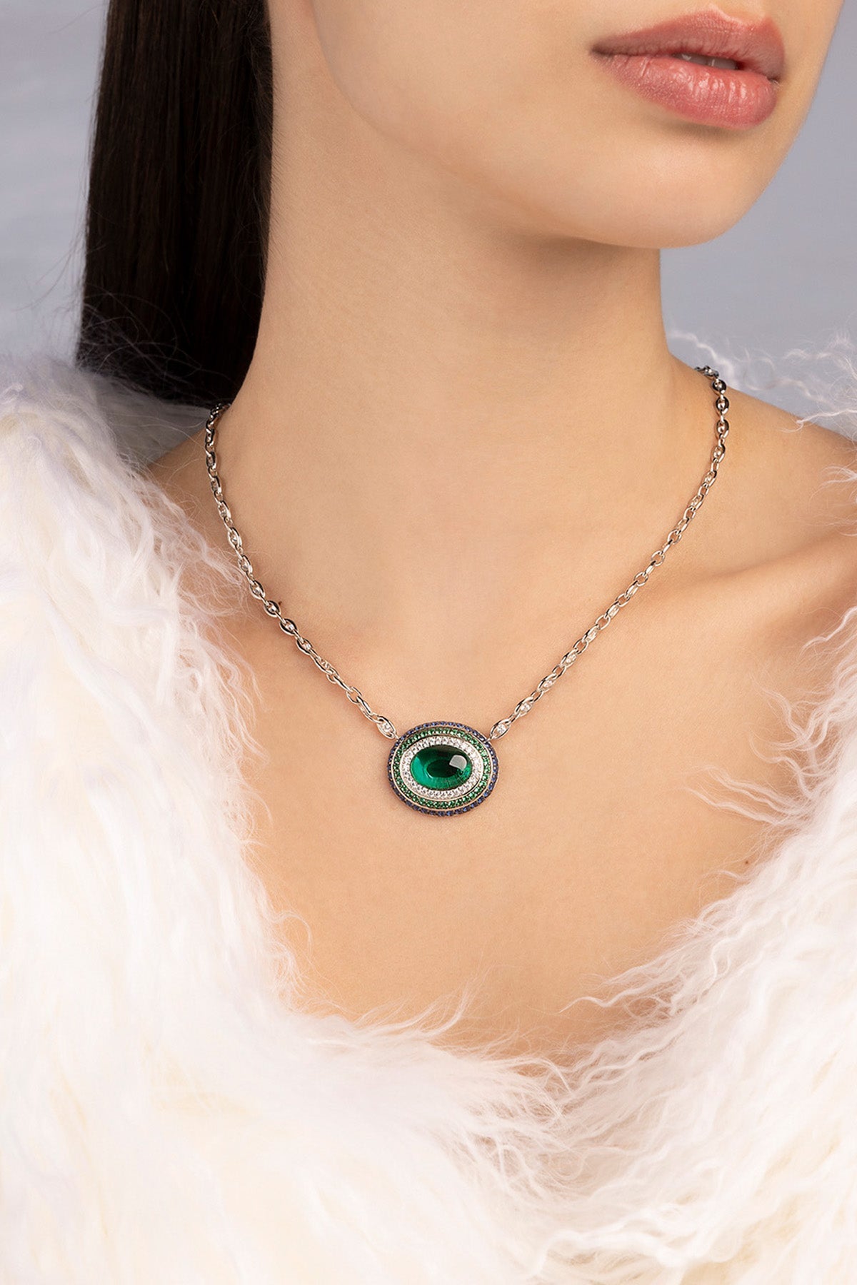 APM Monaco Collier Chaîne Bold Bleu Vert en Argent