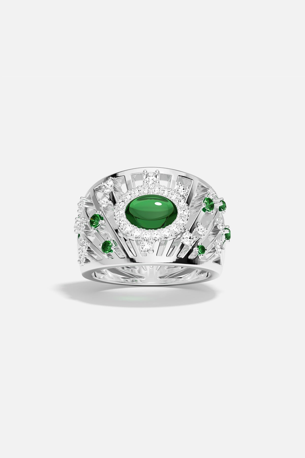 Bague APM, éclat vert émeraude et finition rhodium, une allure solaire irrésistible.
