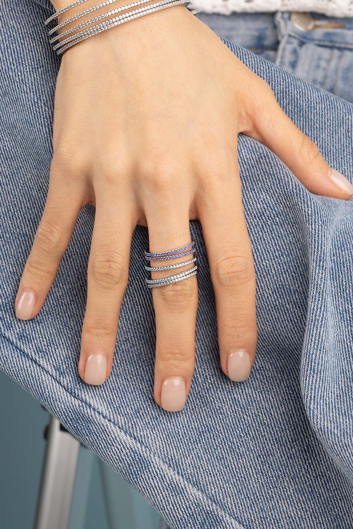 APM Monaco Bague Pavé Linéaire Aqua en Argent