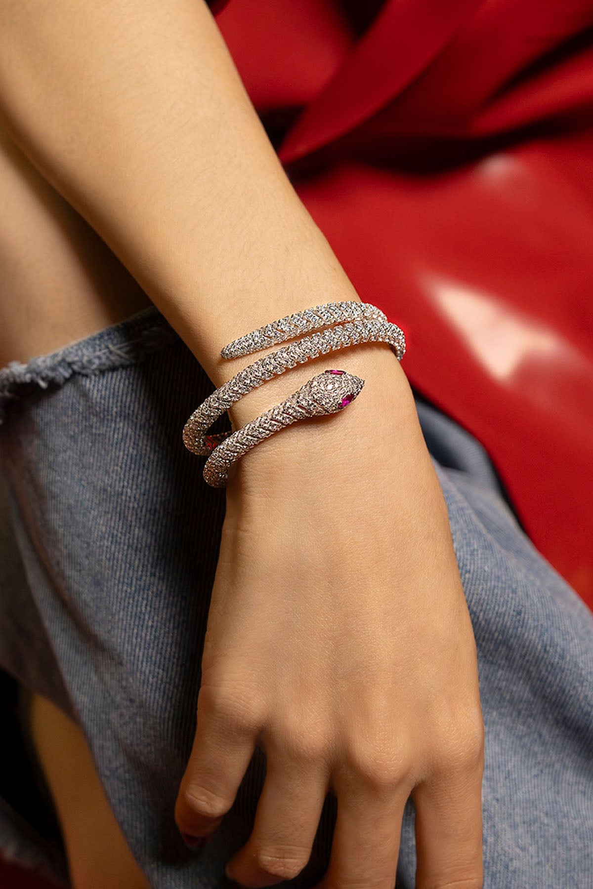 APM Monaco Pav√© Kaa Double Wrap-Around Bangle in Silver