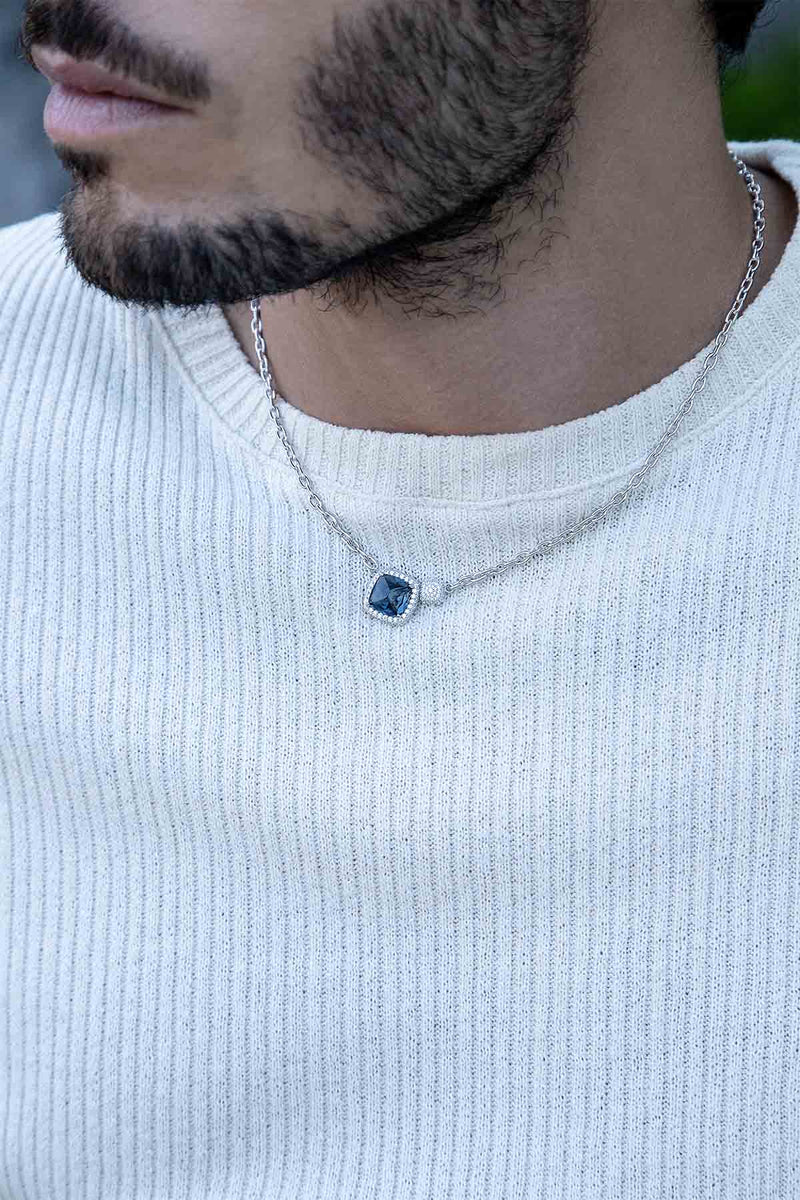 APM Monaco Collier Ajustable Chaîne Pavé Bleu en Argent