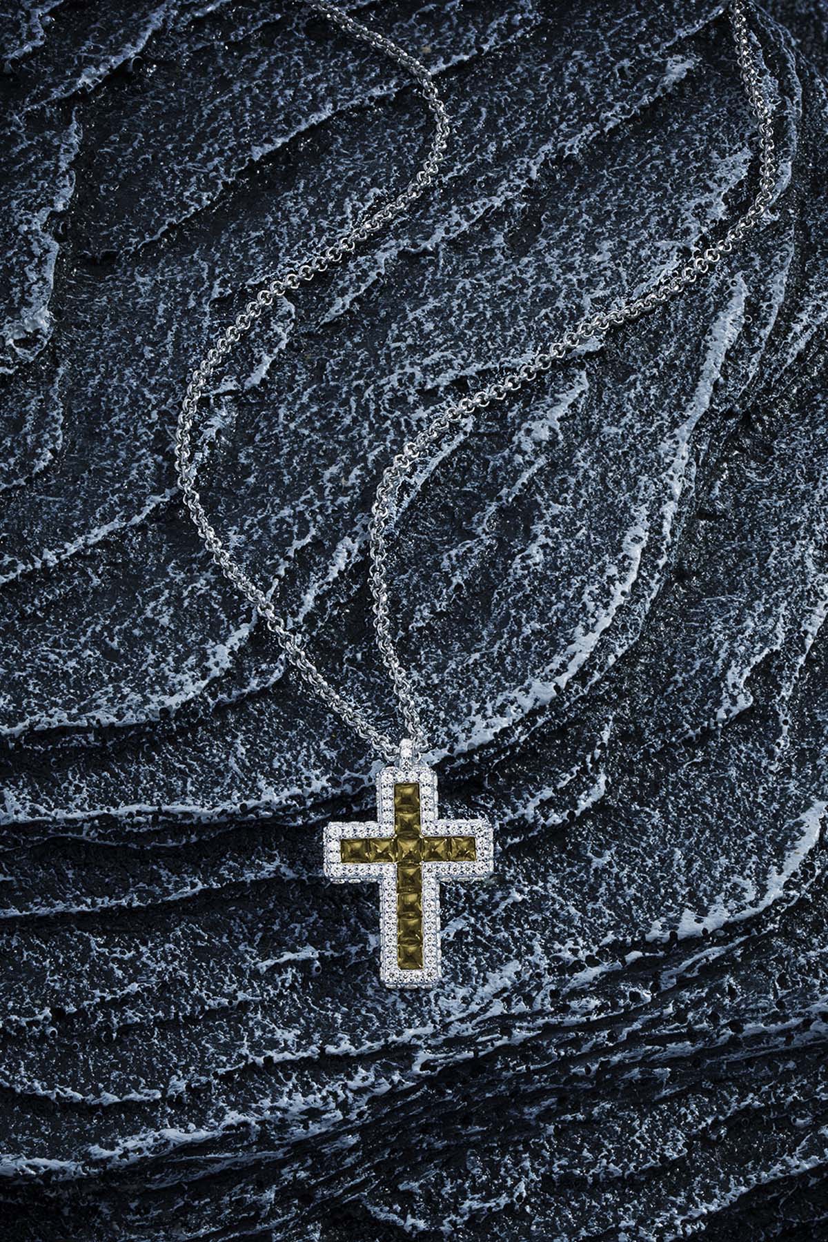 APM Monaco Khaki Pave Cross Adjustable Necklace in Silver