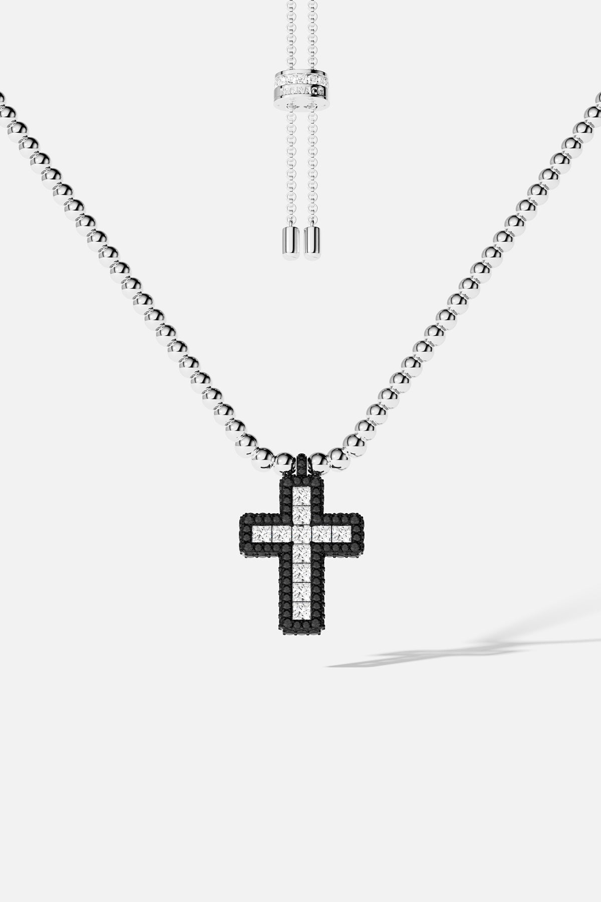 APM Monaco Collier Ajustable Croix Pavé Noir en Argent