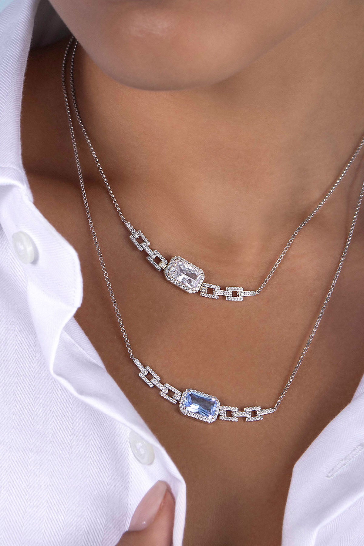 APM Monaco Pavé Rectangle Adjustable Chain Necklace in Silver