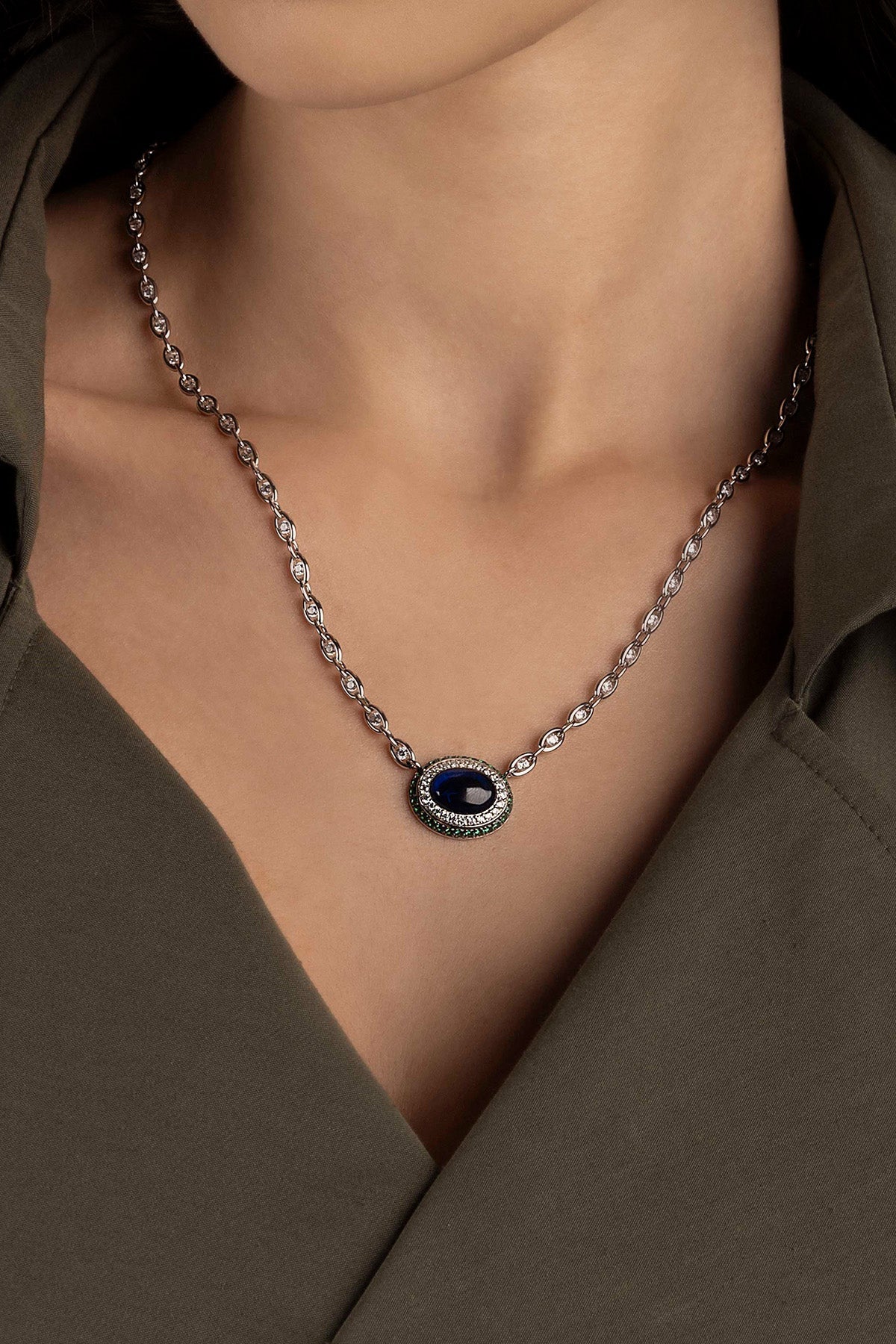 APM Monaco Collier Chaîne Bold Bleu Vert en Argent