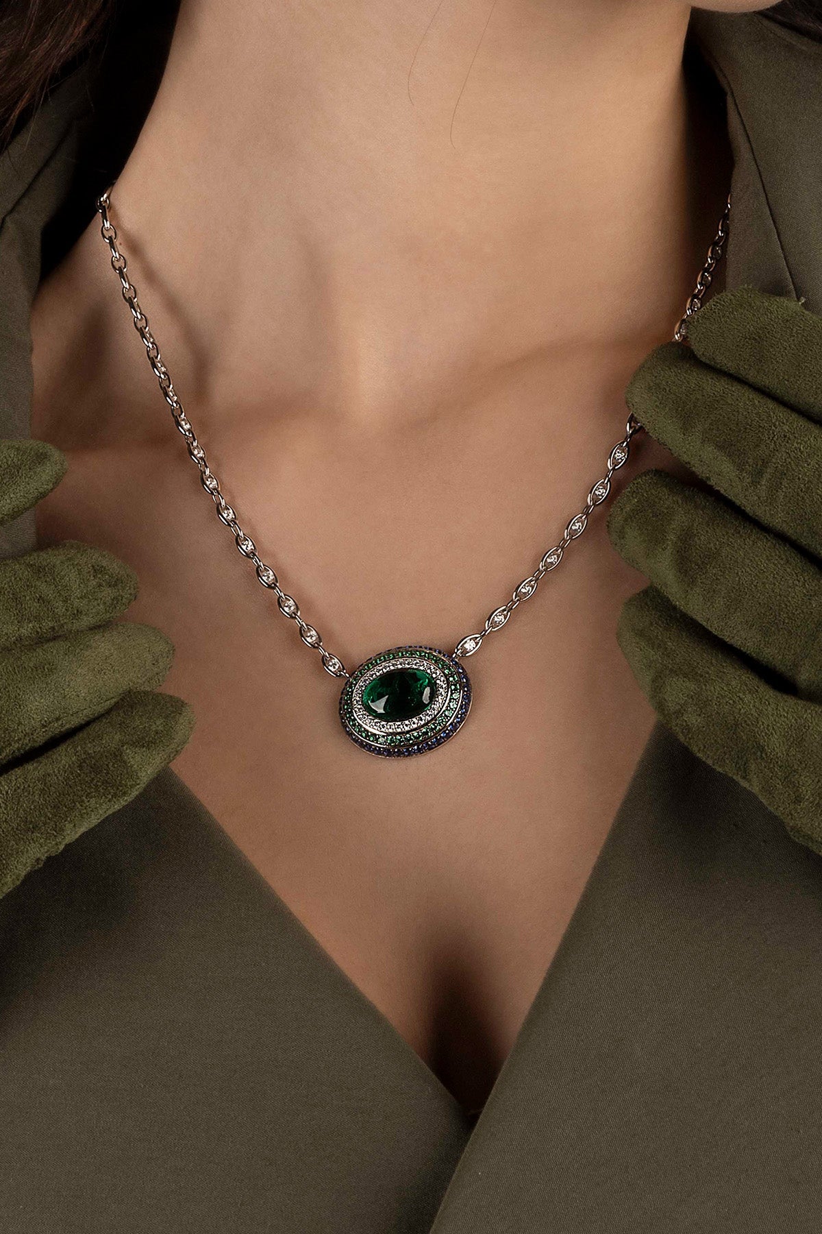APM Monaco Collier Chaîne Bold Bleu Vert en Argent