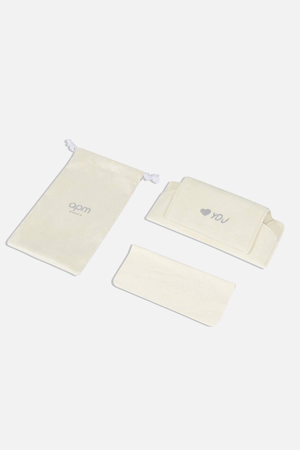 Set of cream-colored sunglass bag with 'APM MONACO' logo on a white background