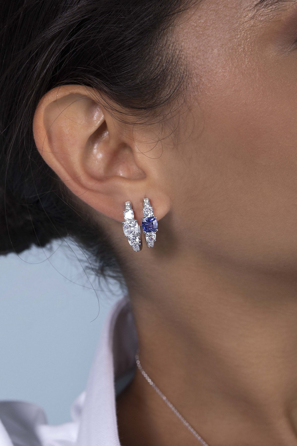 APM Monaco Blue Square Pavé Hoop Earrings in Silver