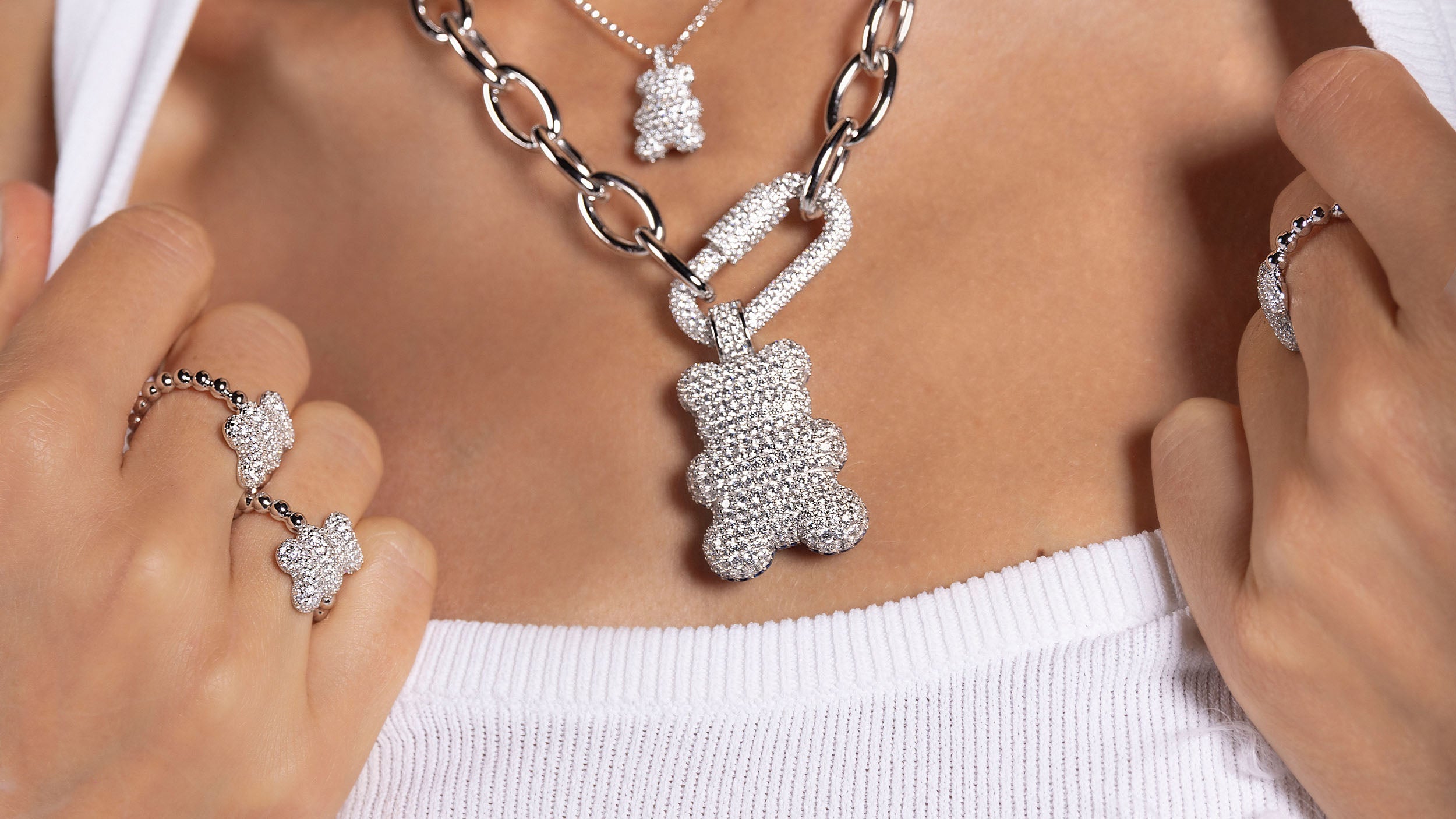 APM MONACO yummy bear shaped chain necklace in silver worn on model