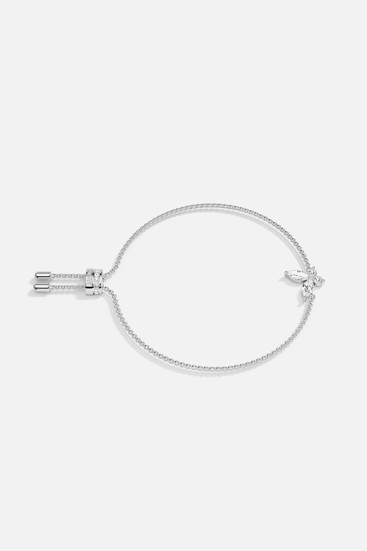 Silver bracelet with a clasp on a white background