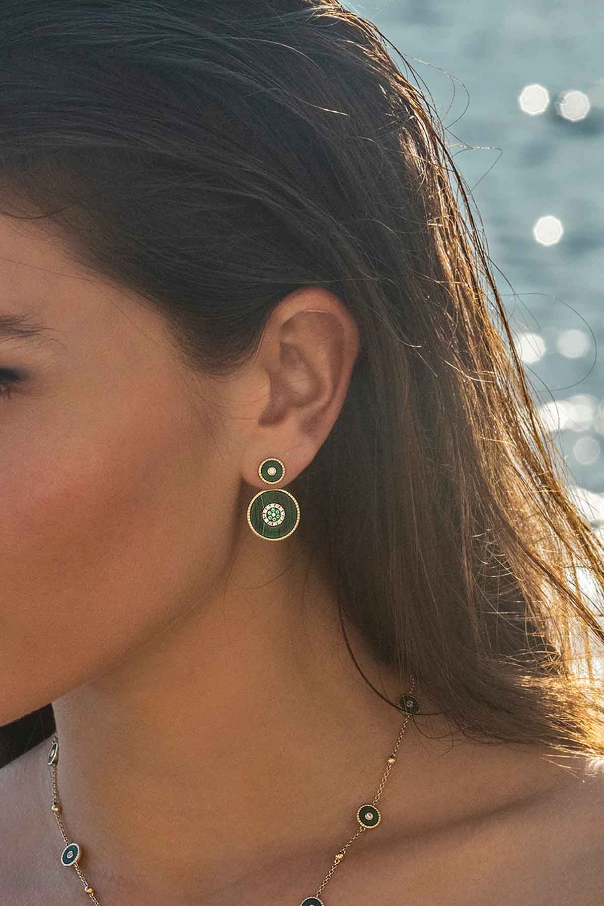 APM Monaco Boucles d'Oreilles Ear Jackets Malachite en Or Jaune