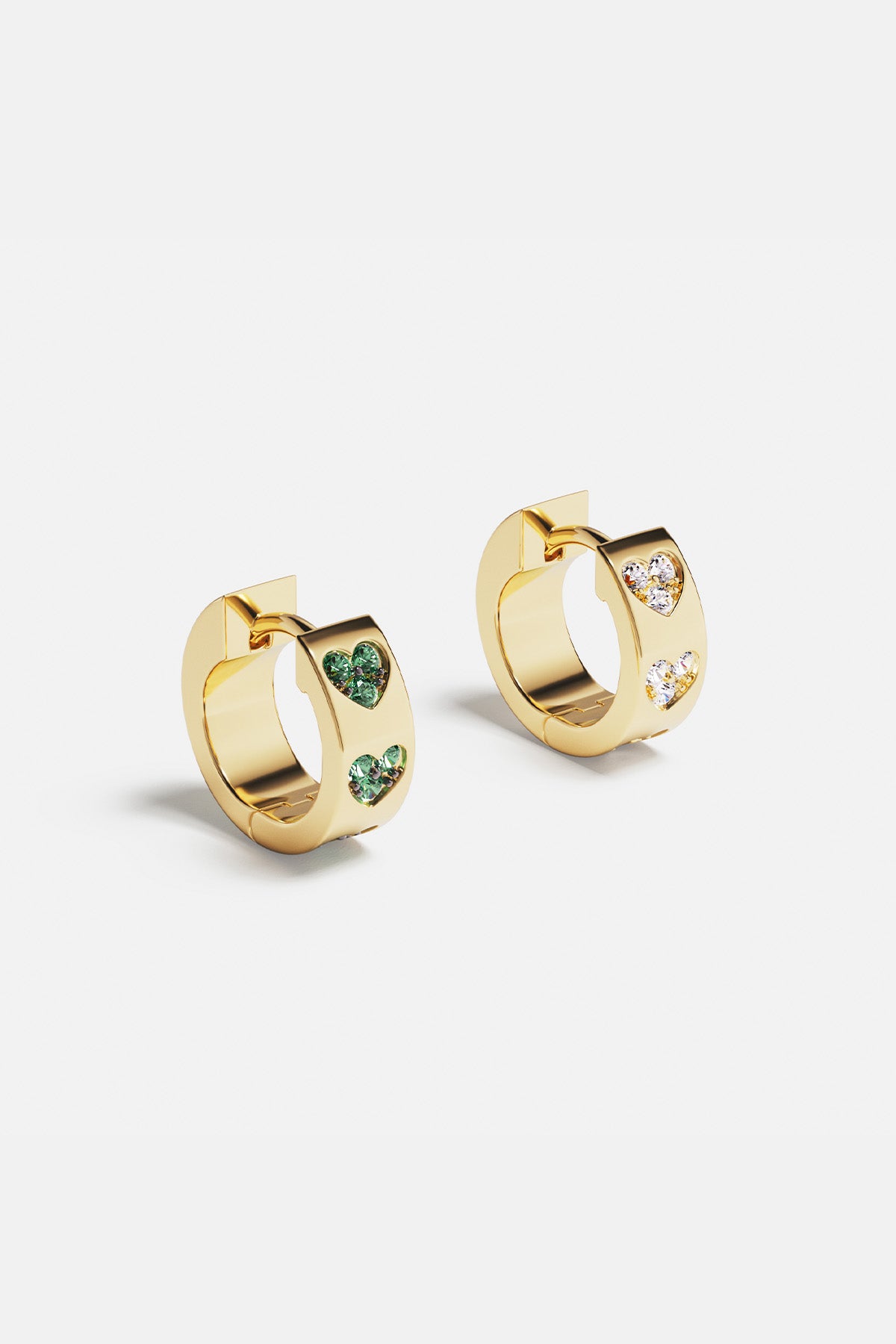 APM Monaco Green & White Heart Huggie Earrings in Yellow Gold